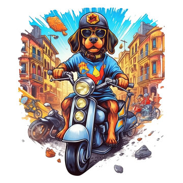 A humorous t-shirt design featuring a Rottweiler Dog riding a scooter, with a comically oversized helmet and sunglasses, cruising through a colorful city street , Generative Ai