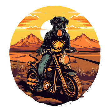 A vintage t-shirt design featuring a Rottweiler Dog on a motorcycle, riding through a desert landscape, with a sun setting behind the mountains, Generative Ai