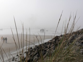 Tracteur et nettoyage de la plage de Sainte Cécile plage dans le brouillard, au bord de la Manche, département du Pas de Calais en France