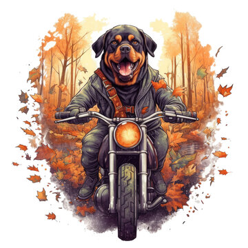 A majestic Rottweiler Dog, riding a Harley Davidson through a dense forest with vibrant autumn colors and falling leaves, on a journey of self-discovery and freedom, Generative Ai