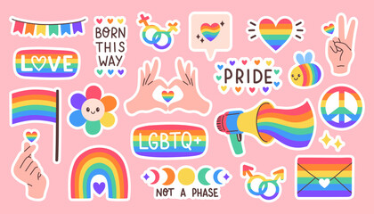 LGBT sticker pack on pink background. LGBTQ set. Symbol of the LGBT pride community. Rainbow elements. - obrazy, fototapety, plakaty