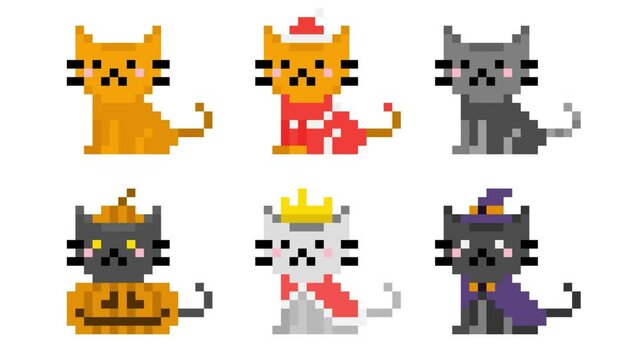 set of cat pixel animation on white background