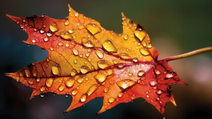 Close up of photograph of a maple leaf covered in dew drops. Autumnal background. Autumn illustration. Generative AI composite. 