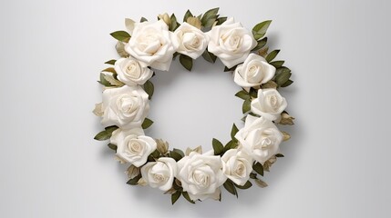 Elegant floral wreath made of white roses with hints of greens White wreath. Weddind card, delicate illustration. Generative AI. 