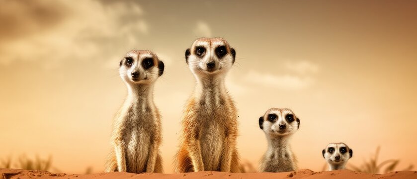 Charming photo-image of a family of meerkats standing alert. Background with meerkat. Wallpaper, backgrounds, web, banner. Generative AI. 