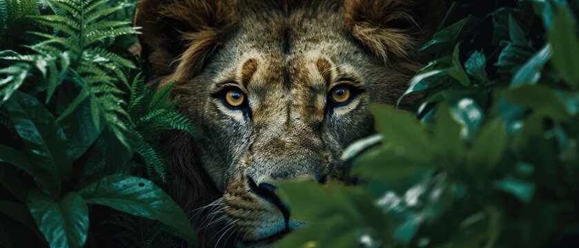 Shot of a regal lions face its eyes piercing. Stunning background with lion. Illustration, web, banner, backgrounds graphics. Generative AI composite. 