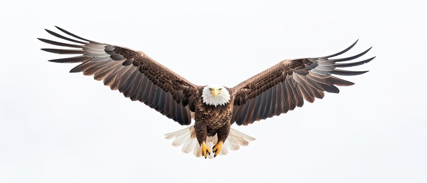 Dramatic photograph of a single bald eagle soaring through the sky. Gorgeous illustration. Backgrounds, wallpaper, banner, web, graphics. Generative AI. 