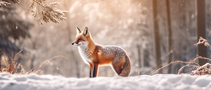 Enchanting photograph of red fox in snowy forest. Background with fox. Illustration, book cover, web, banner, backgrounds. Generative AI composite. 