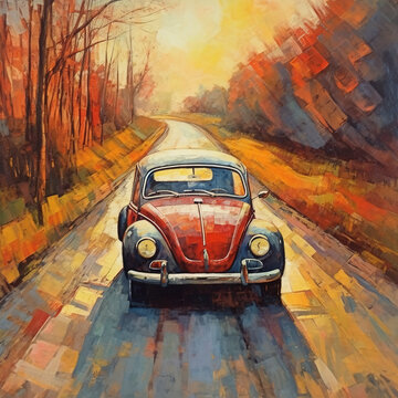 Oil painting, Retro car, ai generated