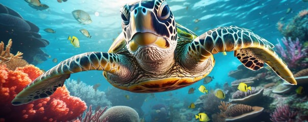 Bueautiful sea turtle underwater crystal blue ocean. Generative AI