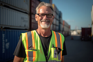 A Happy Man is working in a Commercial port with engineer uniform, Generative AI