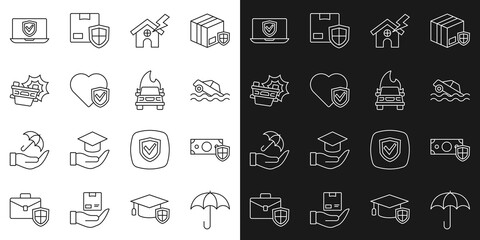 Set line Umbrella, Money with shield, Flood car, House and lightning, Life insurance, Car accident, Insurance online and Burning icon. Vector