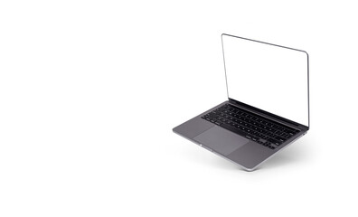 Photo of realistic modern laptop with blank white screen floating in front of a white background