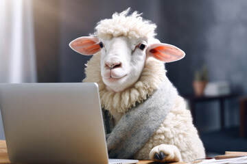 Portrait of a sheep dressed in a business suit with glasses uses a laptop. Generative AI. 