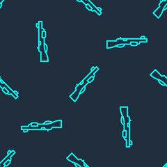 Green line Hunting gun icon isolated seamless pattern on blue background. Hunting shotgun. Vector