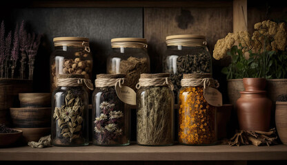 Glass jars of dry lavender, calendula etc flowers. Jars of dry medicinal herbs for making herbal tea, bunch of dry lavender on table. Alternative medicine. Generative AI