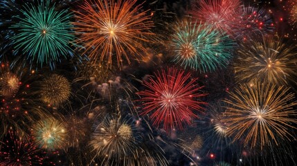 Fototapeta premium Glorious Full-Screen Colorful Fireworks Illuminate the Night Sky in Darkness. Generative AI