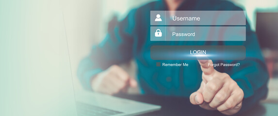 Businessman use laptop login register username and password identity on webpage concepts of cyber security, internet access, join social or personal data protection or forget pass key unlock.