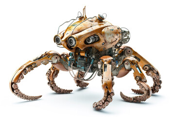 Image of an octopus modified into a robot on a white background. Sea animals. Illustration, Generative AI.