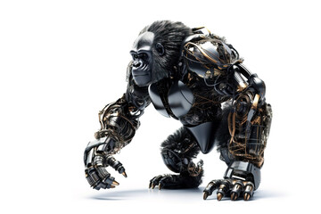 Fototapeta premium Image of a gorilla modified into a robot on a white background. Wild animal. illustration, generative AI.