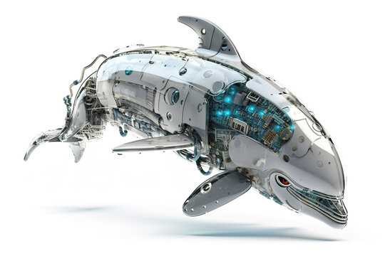Image of a dolphin modified into a electronics robot on a white background. Wildlife Animals. Illustration, Generative AI.