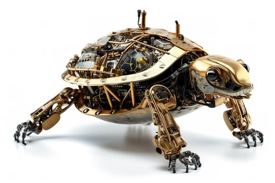 Image of a turtle modified into a electronics robot on a white background. Reptile. Wildlife Animals. Illustration, Generative AI.