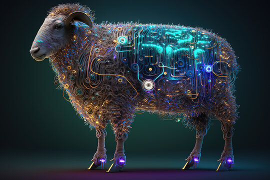 Image of a sheep with technology concept. Farm animals. Illustration, generative AI.