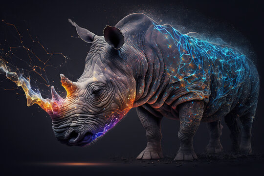 Image of rhinoceros with beautiful colors and light on a dark background. Wildlife Animals. Illustration, Generative AI.