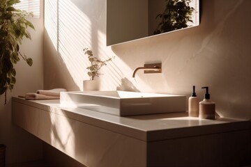 modern house faucet sink interior sunlight counter bathroom design basin luxury. Generative AI.