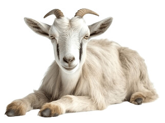 The white horned goat is resting quietly. Isolated on a transparent background. KI.