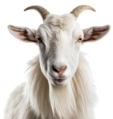 The face of a white horned goat with a beard. Isolated on a transparent background. KI.