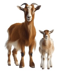 A brown goat and her little baby goat. Isolated on a transparent background. KI.