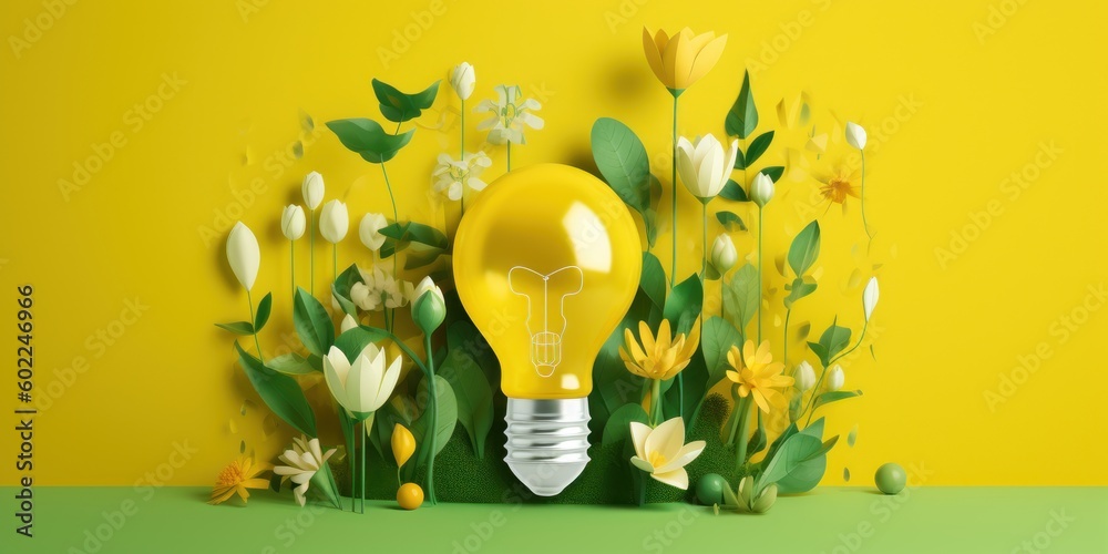 Wall mural Eco friendly lightbulb with plants yellow background, Renewable and sustainable energy. Generative AI