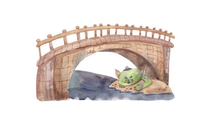 Watercolor trolls bridge illustration for kids - obrazy, fototapety, plakaty