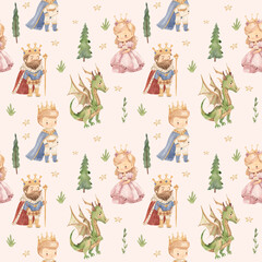 Fototapeta premium watercolor fairytale seamless pattern illustration for kids