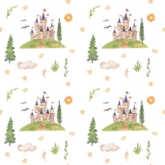 watercolor fairy tale seamless pattern illustration for kids