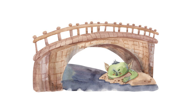 Watercolor trolls bridge illustration for kids