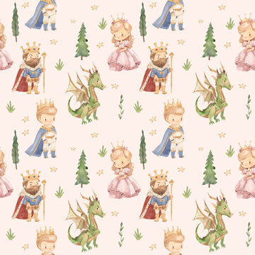watercolor fairytale seamless pattern illustration for kids