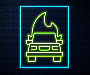 Glowing neon line Burning car icon isolated on brick wall background. Insurance concept. Car on fire. Broken auto covered with fire and smoke. Vector