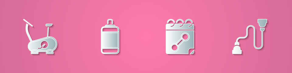 Set paper cut Stationary bicycle, Punching bag, Calendar fitness and Chest expander icon. Paper art style. Vector