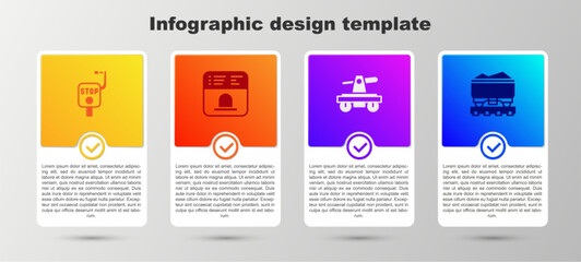 Set Emergency brake, Ticket office to buy tickets, Draisine or handcar and Coal train wagon. Business infographic template. Vector