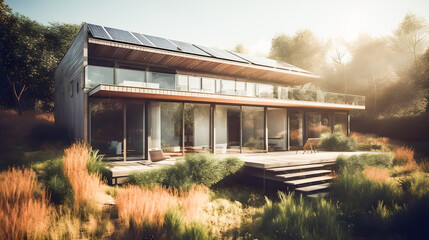 Obraz premium Modern wooden house with solar panels on the roof. Renewable and sustainable energy at home. Generative ai.