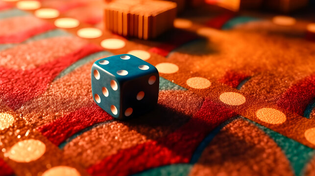 Blue dice on a game board. Concept of entertainment and games with family or friends. Generative ai.