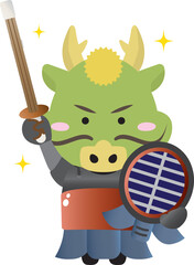 2024年の辰年年賀状に使える剣道防具を身に着けた龍のイラスト