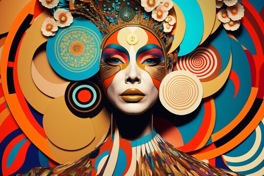 colorful art deco woman covered in organic flower patterns, abstract female portrait, fictional person created with generative ai