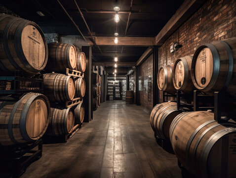 Rows of wooden barrels with aging wine in underground wine cellar. Wine cellars in historic tunels in Podgorica, Montenegro. 