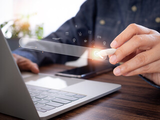 Global online information searching through virtual screens on laptop. Search for business,...