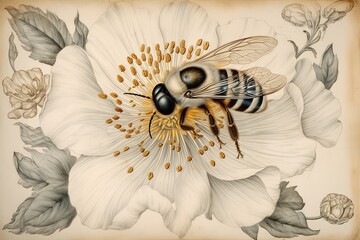 Exquisite Watercolor Drawing with Intricate Bee Details by Maria Sibylla Merian, generative AI - obrazy, fototapety, plakaty