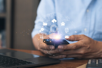 Businessman use laptop planning online System security business work. Business Cyber security internet and networking concept.