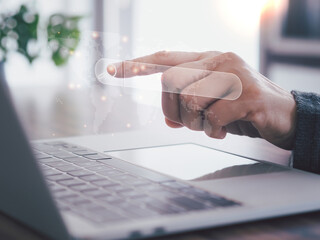 SEO Search Engine Optimization concept. Businessman showing search bar on virtual screen by laptop...